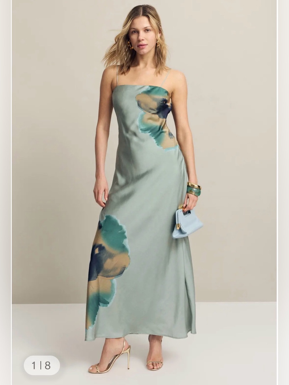 Hutch Lisa Silk Slip Maxi Dress in Soft Sage with Watercolor Floral size XL - Picture 2 of 12